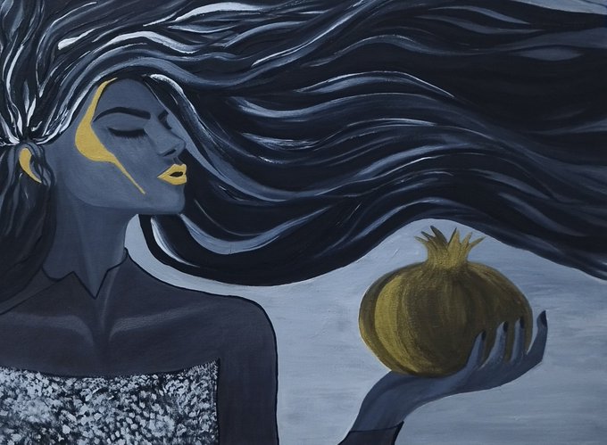 A stylized painting of a blue-skinned woman with flowing dark hair and yellow accents, holding a golden pomegranate-like fruit.
