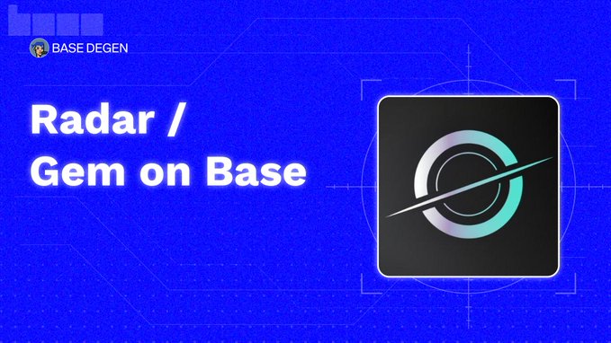 The image features a blue background with white text that reads "Radar/Gem on Base" at the top, followed by an explanation of how to use the gem on base for trading purposes. The image also includes a small logo of a planet in the center and a description of what it represents.