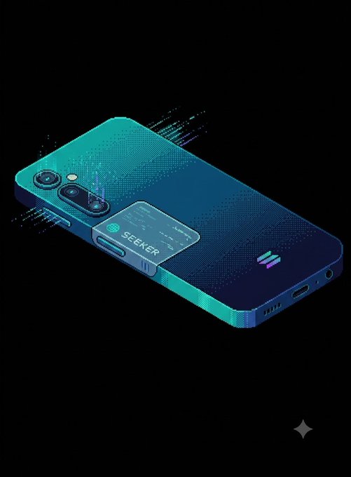 A stylized product rendering of a teal and blue gradient smartphone case or device labeled 'SEEKER' with camera modules.