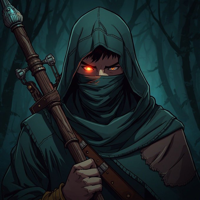 A hooded, masked rogue with glowing red eyes clutches a wooden staff in a dark forest, fitting the Sherwood Bandits NFT giveaway theme. The image's mysterious bandit aesthetic visually represents the project's branding for the 1,111 supply mint.