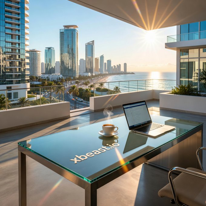 A sunlit balcony overlooking a coastal city skyline with a glass desk holding a laptop, coffee cup, and the text 'xbeastio' etched into the glass.