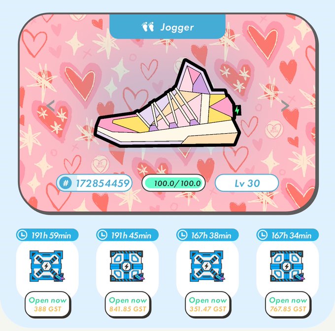 NFT marketplace listing for a 'Jogger' sneaker (#172854459), Level 30, 100.0/100.0 condition, with four mystery boxes available priced in GST.