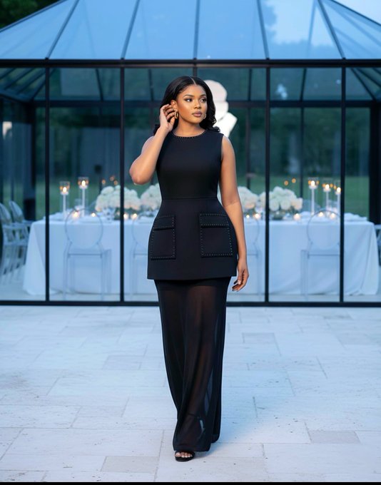 A woman stands outdoors at dusk in an elegant black sleeveless dress with a sheer skirt, posed in front of a glass-enclosed dining area with white floral arrangements.