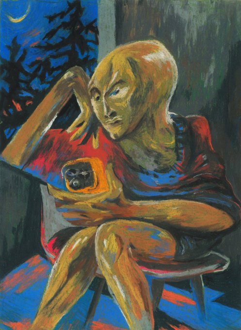 The image features an abstract painting with a man sitting in a chair, holding a camera up to his face as if he's taking a picture of himself or someone else. The painting has a blue background that contrasts with the warm colors used for the figure's hair and clothing. The artist's signature is placed at the bottom right corner of the image.