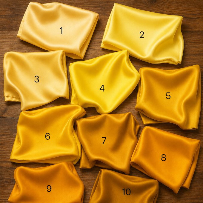 Ten yellow fabric swatches numbered 1 through 10 are arranged on a wooden surface, displaying a gradient of shades from pale yellow (1) to deep mustard/orange (10) to help identify the Binance logo color. The image serves as a color comparison chart so the viewer can pick which swatch best matches Binance's signature yellow.