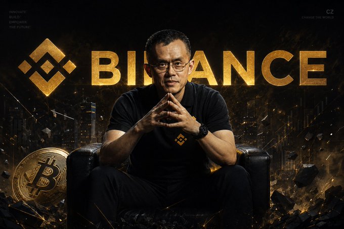 A promotional image featuring a man in a black t-shirt sitting in a chair with the Binance logo and gold 'BINANCE' text in the background, alongside a Bitcoin coin graphic.