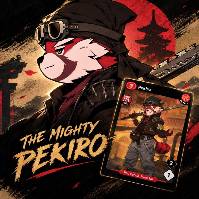 Promotional artwork for 'THE MIGHTY PEKIRO' featuring an anthropomorphic red panda character in a black trench coat, bandana, and goggles against a red sun and Japanese pagoda backdrop. A trading card design for the character is also visible with stats '4', '2', '1' and the name 'Red Panda, Pyreskin'.