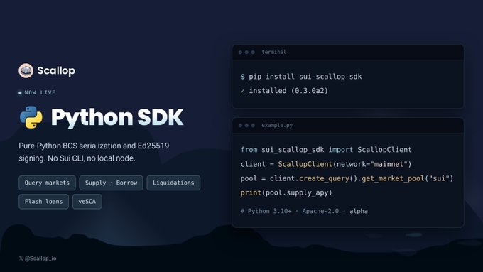 A promotional graphic for 'Scallop' advertising a Python SDK for Pure-Python BCS serialization and Ed25519 signing, featuring code snippets and feature tags.