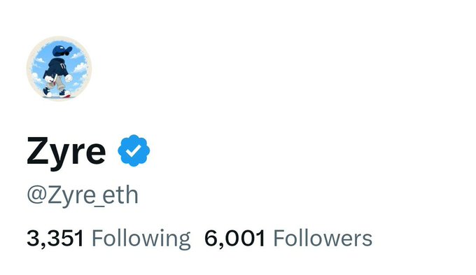 A social media profile screenshot for 'Zyre' (@Zyre_eth) with a blue verification checkmark, showing a cartoon blue character as the profile picture, 3,351 Following, and 6,001 Followers.