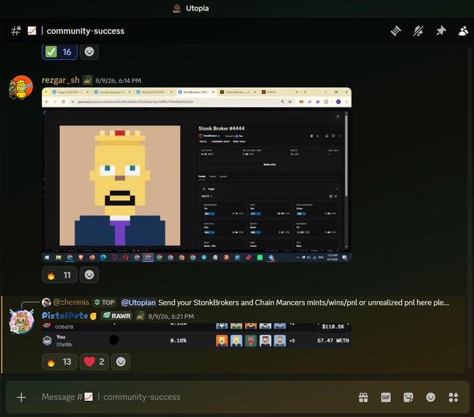 A Discord chat screenshot in the 'community-success' channel under the 'Utopia' server, showing a user posting an image of a pixel-art character with 'Stonk Broker #4444' NFT details.