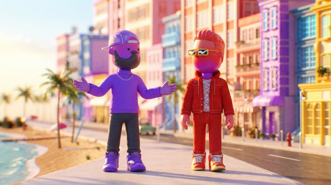 Two stylized 3D characters, one dressed entirely in purple with a cap and the other in a red tracksuit with sunglasses, stand on a walkway in a colorful coastal city setting.