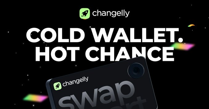 A promotional advertisement featuring the Changelly logo with bold white text reading 'COLD WALLET. HOT CHANCE' against a starry black background, with a dark card labeled 'SWAP' partially visible.