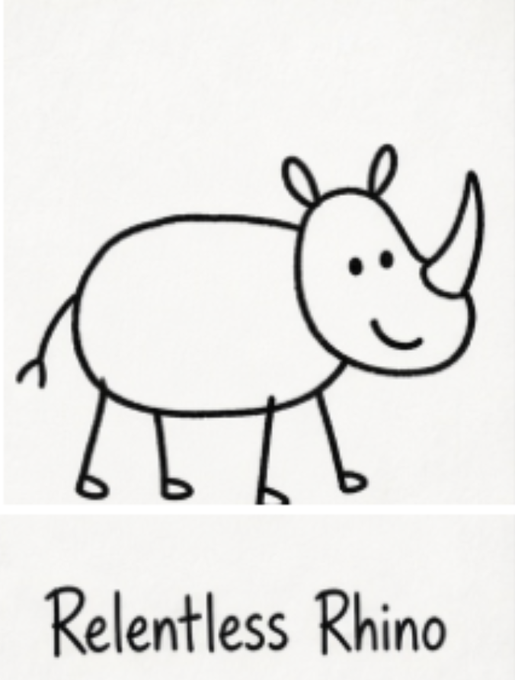 A simple black-and-white cartoon illustration depicts a smiling rhinoceros with the caption 'Relentless Rhino' written below it.