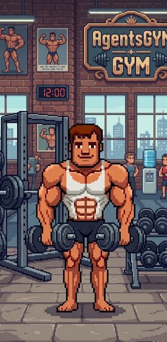 The image features a cartoon depiction of a man lifting weights at a gym, with a clock showing 12:00. The cartoon character has a muscular build and is wearing a tank top while working out. In the background, there are other people present in the gym as well. The caption to the image reads "agent is loading... config:  { 'early_access': true, 'chain': base, 'nft_supply': 1111 }". This suggests that the cartoon character might be a fitness trainer or an agent promoting a fitness program.