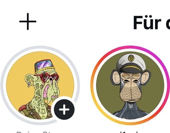 Two circular NFT-style avatars featuring cartoon characters; the left shows a green reptilian figure with a purple hat, and the right shows a captain-style monkey, with a "+" symbol between them and partial text "Für" visible.
