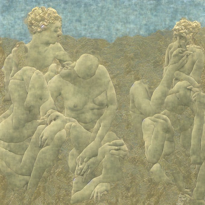 A classical-style artwork depicting multiple pale, stone-like nude figures in various poses against a textured greenish background.