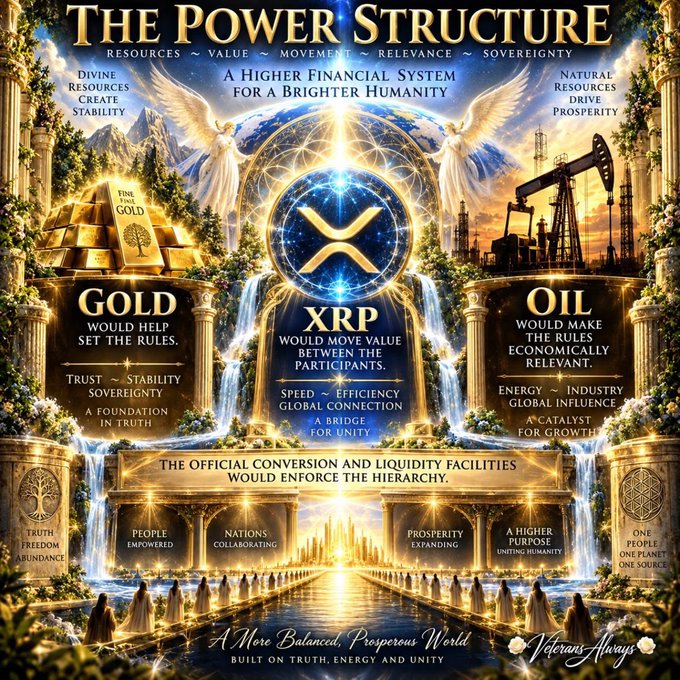 A fantasy-style infographic titled "THE POWER STRUCTURE" depicts gold, oil, and XRP (shown in a central glowing emblem) arranged in a celestial hierarchy, with text stating "XRP would move value between the participants," "Gold would help set the rules," and "Oil would make the rules economically relevant." The imagery, featuring angels, waterfalls, and oil rigs, illustrates the accompanying post's theory of a financial system where gold provides stability, oil drives prosperity, and XRP facilitates transactions between participants.