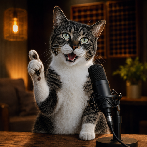 A tabby cat with its mouth open and paw raised sits at a table in front of a black studio microphone, appearing to announce or speak into it.