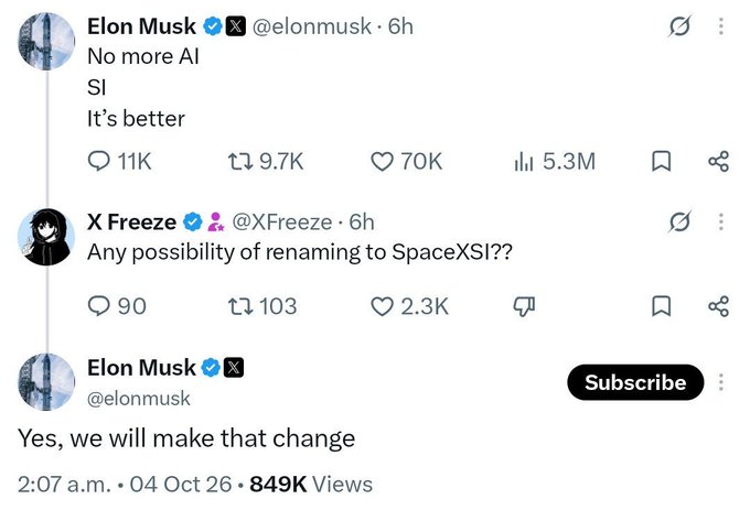 A screenshot of X posts shows Elon Musk tweeting "No more AI / SI / It's better," followed by a reply from @XFreeze asking about renaming to "SpaceXSI," to which Musk confirmed "Yes, we will make that change." The image illustrates Musk's public embrace of switching ".ai" domain usage to ".si," aligning with the accompanying post's claim about following that branding move.