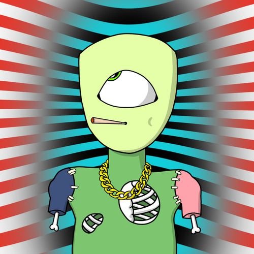A green alien-like cartoon character with one large eye, wearing a gold chain and mismatched colored sleeves, stands against a red, white, and black striped background.