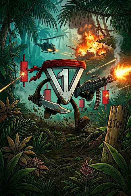 The image features a cartoon character with a red bandana around its neck, holding a gun and surrounded by various objects such as a knife, a sword, and a bullet. The background of the image depicts an outdoor scene with palm trees and other elements typical of a jungle setting. The caption to the image reads "Good Morning Dreamers! The market might be rough right now but on $TON the badasses always prevail".