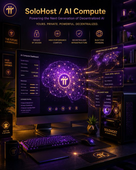 A purple-themed promotional image for 'SoloHost / AI Compute,' depicting a desktop dashboard and branding that emphasizes decentralized, private, high-performance AI infrastructure.