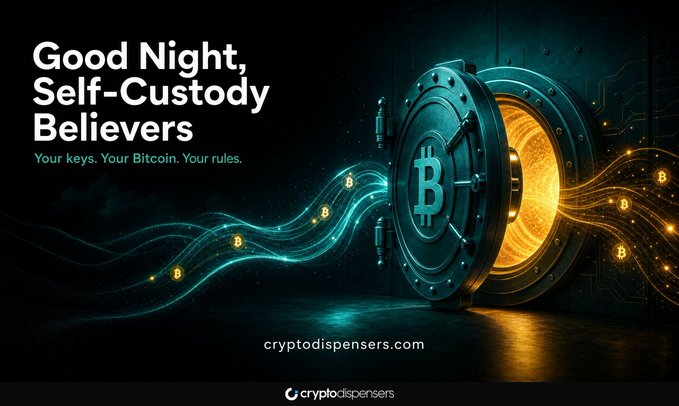 The image features a large open safe door with a Bitcoin symbol on top, surrounded by blue and green lights that create a sense of mystery or intrigue. Below the door, there's text that reads "Good night, Bitcoin believers One idea that makes Bitcoin different: Ownership comes with responsibility. Understanding wallets, private keys, and security practices is an important part of learning how digital assets work". The image seems to be promoting Bitcoin as a unique concept compared to traditional currency or ownership models.