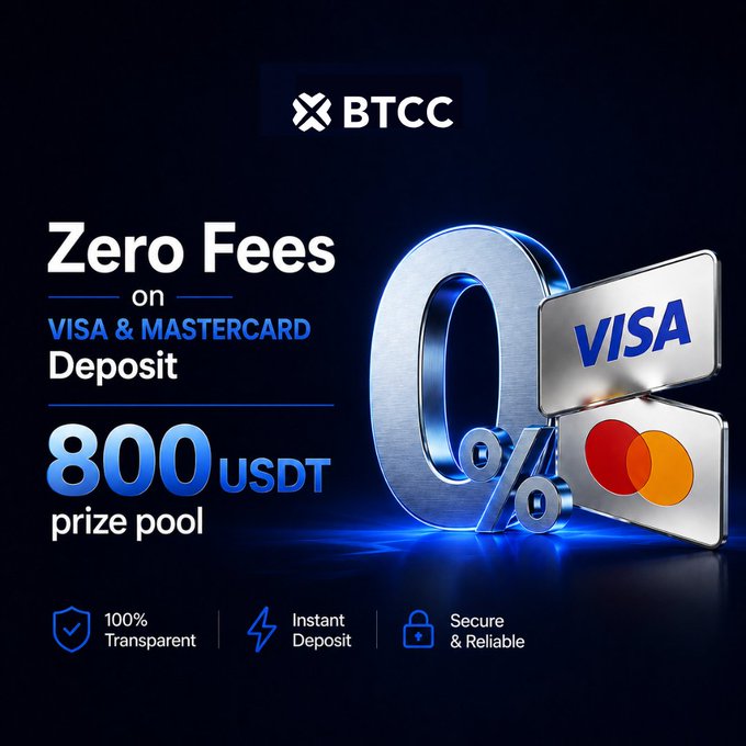 A promotional graphic for BTCC featuring a 3D "0%" symbol and Visa/Mastercard logos, advertising a zero-fee deposit promotion with an 800 USDT prize pool. The image highlights the "100% Transparent," "Instant Deposit," and "Secure & Reliable" features that align with the US-exclusive offer requiring a first-time deposit of $200 or more and a futures trade within 48 hours to qualify for up to 200 USDT in prizes.