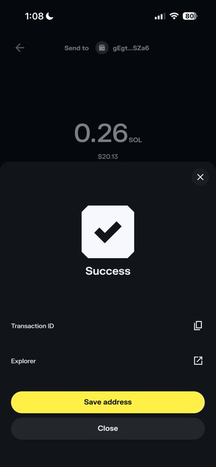 A crypto wallet screenshot confirming a successful transaction of 0.26 SOL ($20.13) sent to address "gEgt...SZa6", serving as proof of the $20 giveaway to 12 random users mentioned in the post.