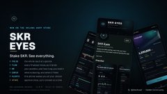 The image showcases mobile screenshots of "SKR Eyes," a Seeker app providing a comprehensive view of SKR staking vaults, including transaction history and position details. Its sleek design matches the post's praise for the app's clean interface and detailed staking insights.