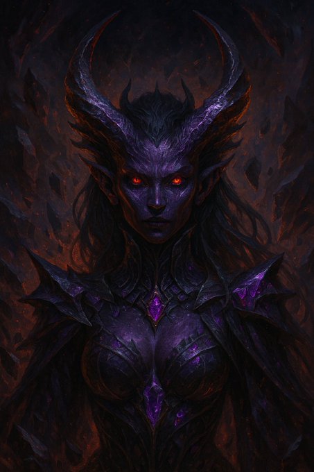 A dark fantasy digital illustration of a horned, demonic female warrior with glowing red eyes and purple crystalline armor set against a shadowy, fiery background.