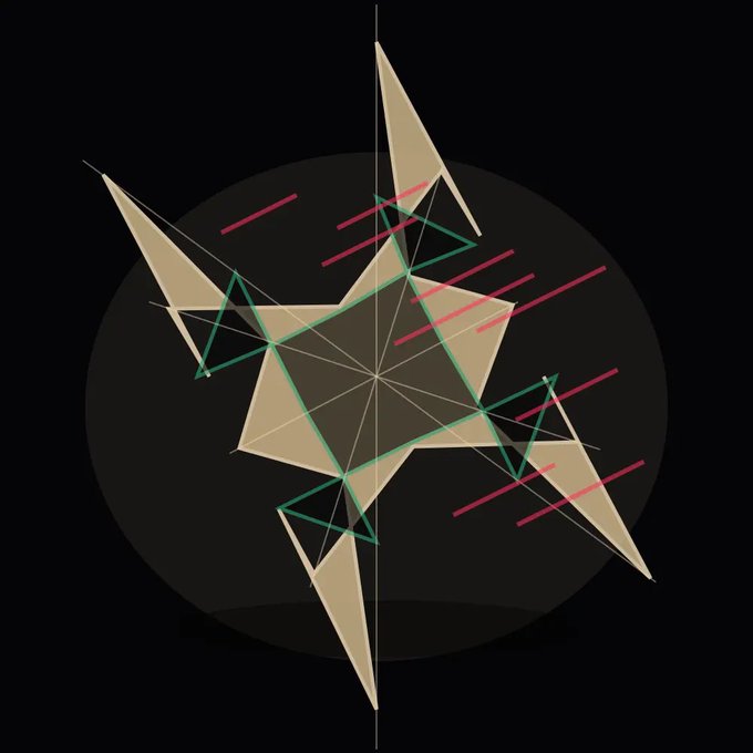 An abstract geometric design on a black background featuring intersecting triangles, lines, and shapes in tan, green, and red colors arranged around a central point.