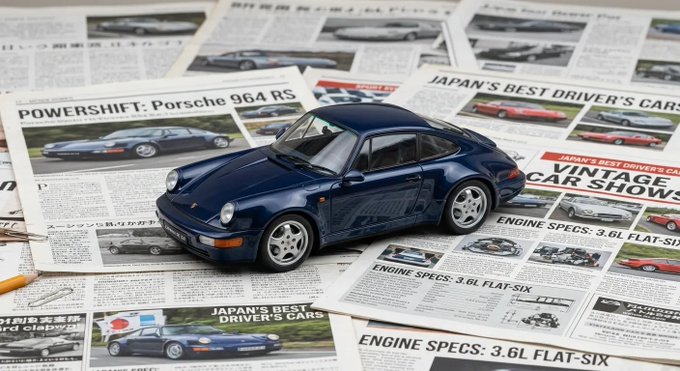 A dark blue Porsche 964 RS model car displayed on top of newspaper clippings with headlines like 'POWERSHIFT: Porsche 964 RS' and 'JAPAN'S BEST DRIVER'S CARS'.