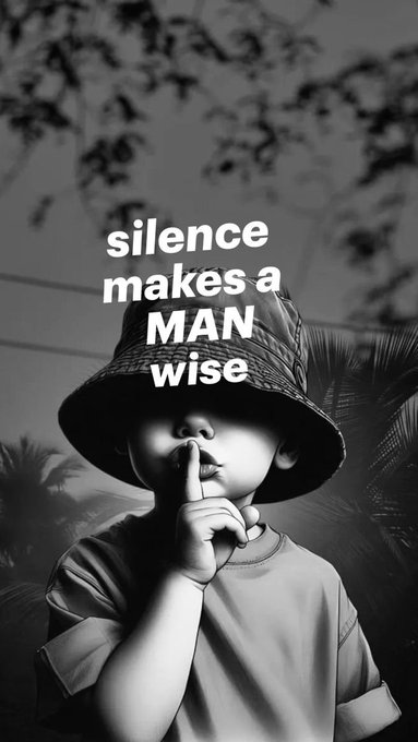 A black and white artistic image of a child wearing a bucket hat with a finger to their lips in a 'shush' gesture, overlaid with the text 'silence makes a MAN wise'.