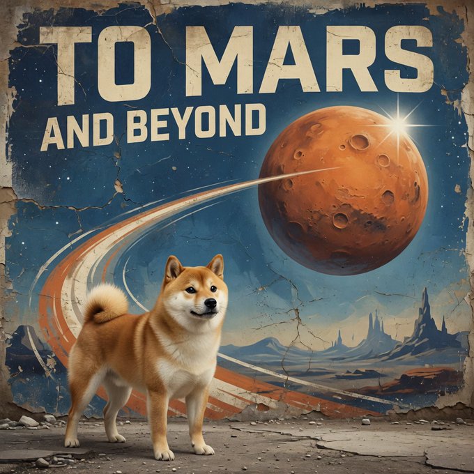 A Shiba Inu stands proudly in front of a vintage-style space mural featuring the bold text "TO MARS AND BEYOND," with a glowing red planet and rocket trails in the background. The image humorously references Dogecoin's mascot as the "astronaut" of crypto, tying the meme's optimistic "to the moon" spirit to the mural's adventurous Mars mission.