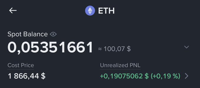 A crypto trading app displays an ETH spot balance of 0.05351661 ETH (≈$100.07), with a cost price of $1,866.44 and an unrealized profit of +$0.19 (+0.19%), reflecting the first day of a $100 daily ETH buying strategy.