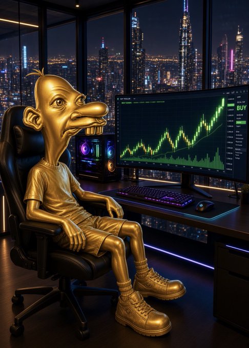 A digital illustration of a golden, cartoonish figure sitting in a gaming chair at a desk with a computer monitor displaying a stock market chart and a 'BUY' button, set against a nighttime city skyline.
