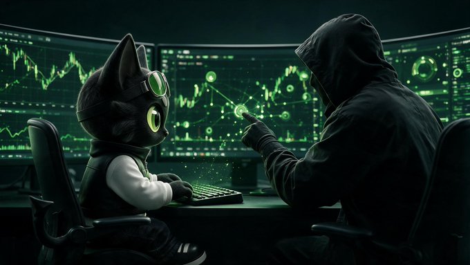 Digital artwork depicting a hooded figure with a glowing fingertip facing an anthropomorphic black cat wearing goggles, both sitting in front of large monitors displaying green financial charts and data.