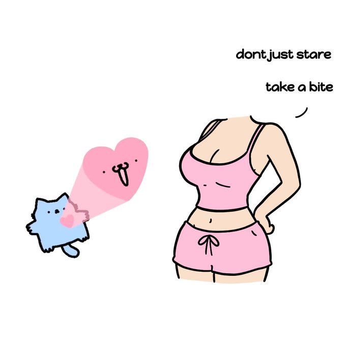 A cute cartoon illustration shows a small blue cat projecting a heart-beam with a cute face at a woman wearing a pink tank top and shorts, with the text "don't just stare take a bite" suggesting the woman should eat the adorable creature.