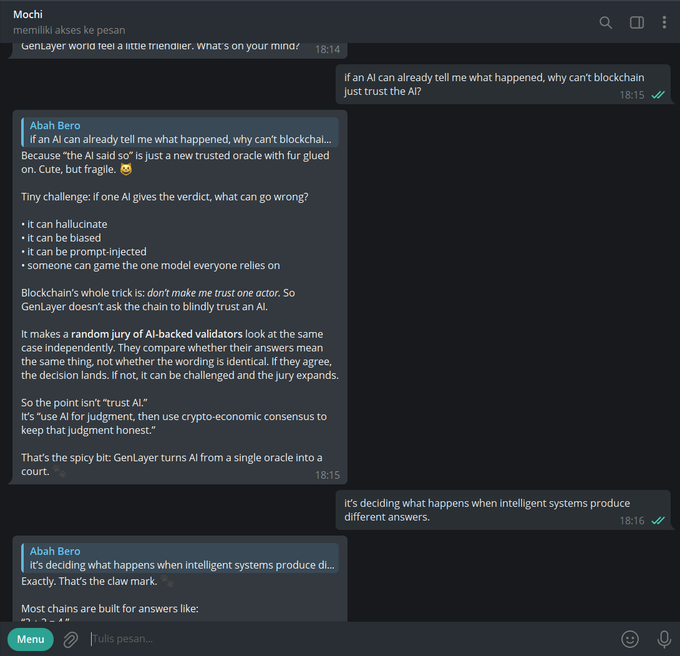 A dark-themed Telegram chat with the bot "Mochi" shows a conversation about GenLayer and blockchain trust, where Abah Bero explains how GenLayer uses a "random jury of AI-backed validators" to verify decisions rather than relying on a single AI oracle, noting "It makes a random jury of AI-backed validators look at the same case independently" to keep judgment honest.