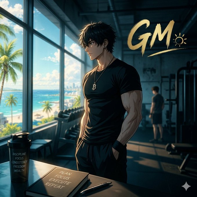 An anime-style illustration of a muscular man in black athletic wear standing in a gym with ocean views, with a 'GM' logo and a planner showing 'PLAN FOCUS EXECUTE REPEAT' beside a shaker bottle reading 'DISCIPLINE FOCUS CONSISTENCY FREEDOM WEALTH'.