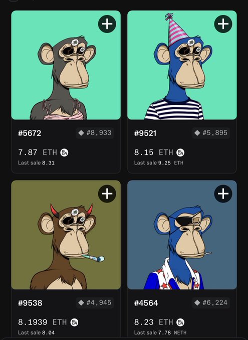 A screenshot showing four NFT listings featuring Bored Ape variations with prices in ETH, including IDs #5672, #9521, #9538, and #4564.