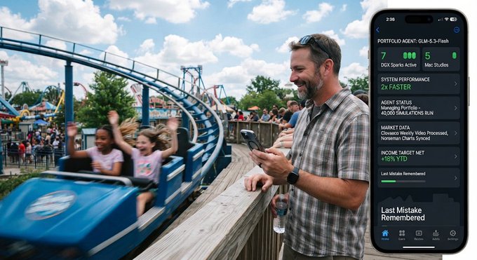 A man smiles at his phone near a roller coaster at an amusement park, alongside an overlaid AI portfolio agent interface from 'Finch' showing an 'AGENT STATUS' of 'Managing Portfolio'.