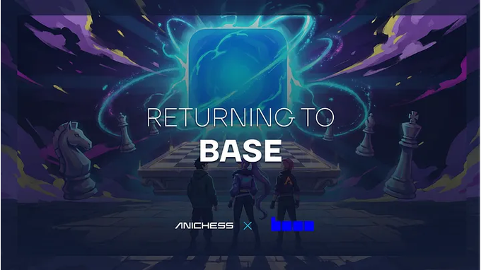 A promotional graphic reads 'RETURNING TO BASE' featuring the Anichess x Base collaboration logo, showing three character silhouettes standing before a glowing blue portal flanked by large chess pieces.