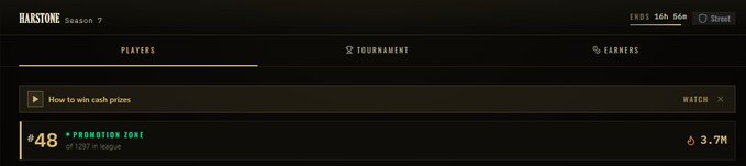 A dark-themed gaming interface showing 'HARSTONE Season 7' with tabs for Players, Tournament, and Earners, displaying 'PROMOTION ZONE of 1297 in league' with 3.7M earnings and an 'ENDS 16th 56m' countdown.