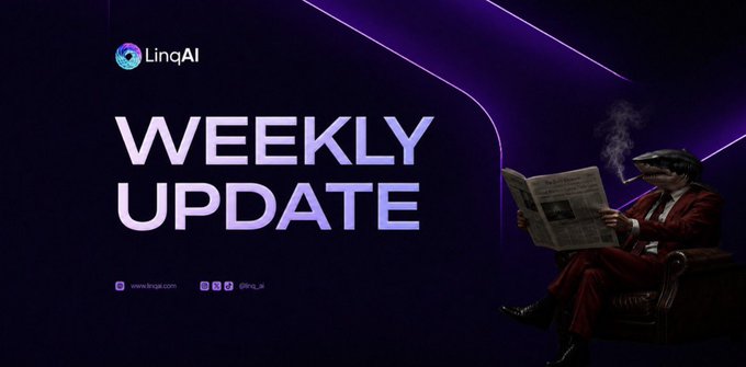 A dark purple 'WEEKLY UPDATE' banner from 'LinqAI' featuring a crocodile-headed figure in a red suit reading a newspaper while seated in a leather chair, with social media handles @lnq_ai.