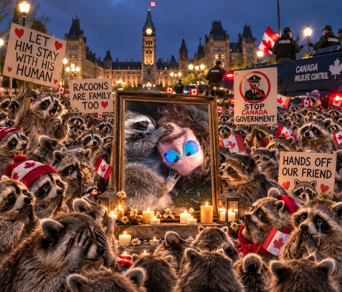 An AI-generated satirical image showing a massive crowd of raccoons holding Canadian flags and protest signs like "LET HIM STAY WITH HIS HUMAN" and "HANDS OFF OUR FRIEND" at a candlelit vigil in front of Canada's Parliament buildings, mourning a crying raccoon in a gilded picture frame.