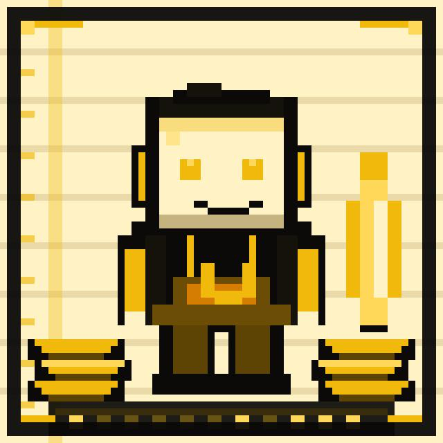 A pixel art character with a minimalist face design in brown and tan tones, wearing overalls and standing on a wooden surface.