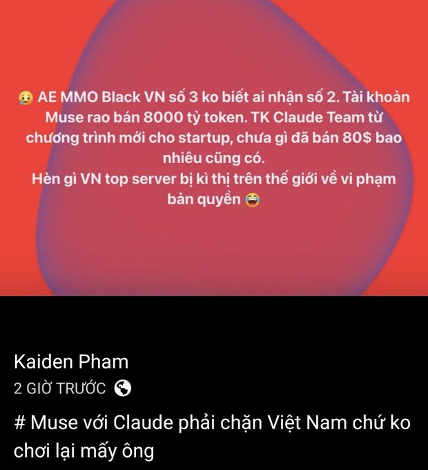 A social media post in Vietnamese by Kaiden Pham discussing Muse AI and Claude AI, with text referencing 'MMO Black VN', 'Muse rao bán 8000 tỷ token', and copyright concerns.
