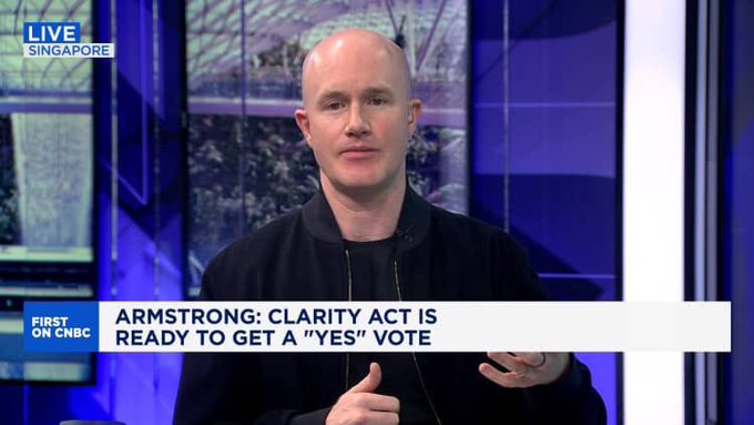 CNBC interview broadcast from Singapore with Coinbase CEO Brian Armstrong, captioned 'ARMSTRONG: CLARITY ACT IS READY TO GET A "YES" VOTE' on First on CNBC.